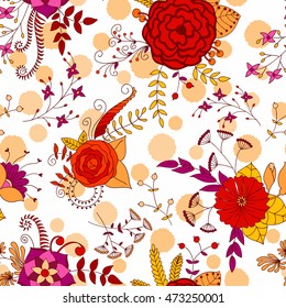 Vector flower pattern. Colorful seamless botanic texture, detailed flowers illustrations. Doodle style, spring floral background.