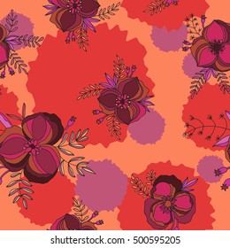 Vector flower pattern. Colorful seamless botanic texture, detailed flowers illustrations. Doodle style, spring floral background.