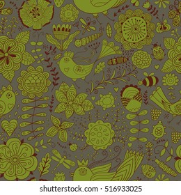 Vector flower pattern. Colorful seamless botanic texture, detailed flowers illustrations. All elements are not cropped and hidden under mask. Doodle style, spring floral background.