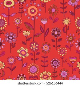 Vector flower pattern. Colorful seamless botanic texture, detailed flowers illustrations. Doodle style, spring floral background.
