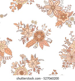 Vector flower pattern. Colorful seamless botanic texture, detailed flowers illustrations. Doodle style, spring floral background.
