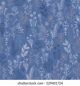 Vector flower pattern. Colorful seamless botanic texture, detailed flowers illustrations. Doodle style, spring floral background.