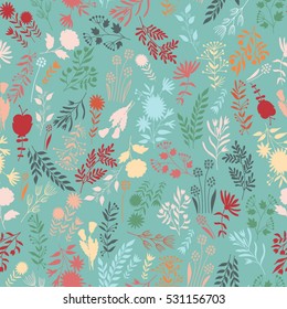 Vector flower pattern. Colorful seamless botanic texture, detailed flowers illustrations. Doodle style, spring floral background.