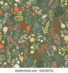 Vector flower pattern. Colorful seamless botanic texture, detailed flowers illustrations. Doodle style, spring floral background.