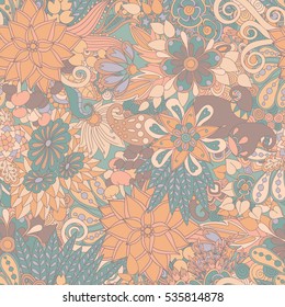 Vector flower pattern. Colorful seamless botanic texture, detailed flowers illustrations. Doodle style, spring floral background.