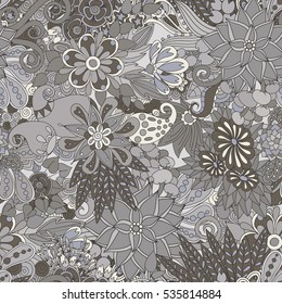 Vector flower pattern. Colorful seamless botanic texture, detailed flowers illustrations. Doodle style, spring floral background.