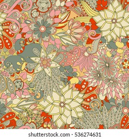 Vector flower pattern. Colorful seamless botanic texture, detailed flowers illustrations. Doodle style, spring floral background.