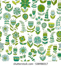 Vector flower pattern. Colorful seamless botanic texture, detailed flowers illustrations. Doodle style, spring floral background.
