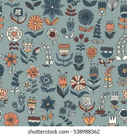 Vector flower pattern. Colorful seamless botanic texture, detailed flowers illustrations. Doodle style, spring floral background.