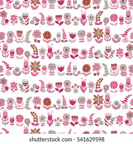 Vector flower pattern. Colorful seamless botanic texture, detailed flowers illustrations. Doodle style, spring floral background.