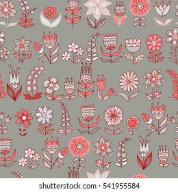 Vector flower pattern. Colorful seamless botanic texture, detailed flowers illustrations. Doodle style, spring floral background.
