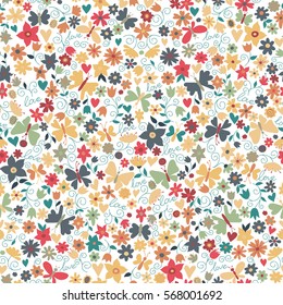 Vector flower pattern. Colorful seamless botanic texture, detailed flowers illustrations. Doodle style, spring floral background.