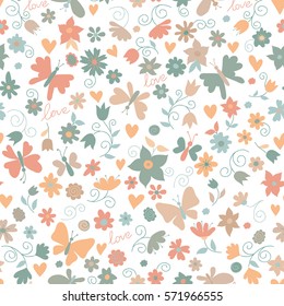 Vector flower pattern. Colorful seamless botanic texture, detailed flowers illustrations. Doodle style, spring floral background.