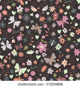 Vector flower pattern. Colorful seamless botanic texture, detailed flowers illustrations. Doodle style, spring floral background.