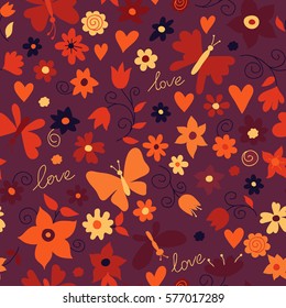 Vector flower pattern. Colorful seamless botanic texture, detailed flowers illustrations. Doodle style, spring floral background.