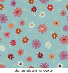 Vector flower pattern. Colorful seamless botanic texture, detailed flowers illustrations. Doodle style, spring floral background.