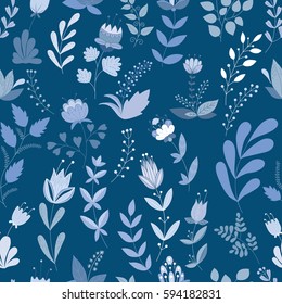 Vector flower pattern. Colorful seamless botanic texture, detailed flowers illustrations. Doodle style, spring floral background.