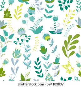 Vector flower pattern. Colorful seamless botanic texture, detailed flowers illustrations. Doodle style, spring floral background.
