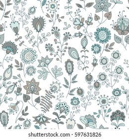 Vector flower pattern. Colorful seamless botanic texture, detailed flowers illustrations. Doodle style, spring floral background.