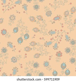 Vector flower pattern. Colorful seamless botanic texture, detailed flowers illustrations. Doodle style, spring floral background.