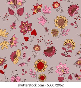 Vector flower pattern. Colorful seamless botanic texture, detailed flowers illustrations. Doodle style, spring floral background.