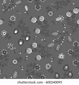 Vector flower pattern. Colorful seamless botanic texture, detailed flowers illustrations. Doodle style, spring floral background.