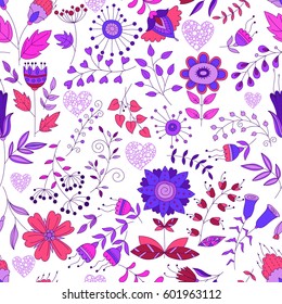Vector flower pattern. Colorful seamless botanic texture, detailed flowers illustrations. Doodle style, spring floral background.