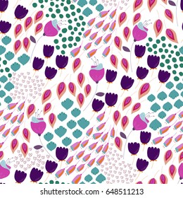 Vector flower pattern. Colorful seamless botanic texture, detailed flowers illustrations. Doodle style, spring floral background.