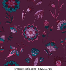 Vector flower pattern. Colorful seamless botanic texture, detailed flowers illustrations. Doodle style, spring floral background.