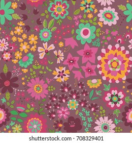 Vector flower pattern. Colorful seamless botanic texture, detailed flowers illustrations. Doodle style, spring floral background