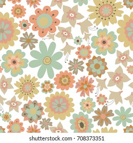 Vector flower pattern. Colorful seamless botanic texture, detailed flowers illustrations. Doodle style, spring floral background