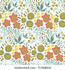 Vector flower pattern. Colorful seamless botanic texture, detailed flowers illustrations. Doodle style, spring floral background
