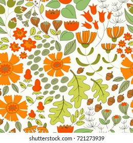 Vector flower pattern. Colorful seamless botanic texture, detailed flowers illustrations. Doodle style, spring floral background