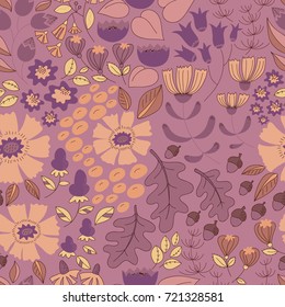 Vector flower pattern. Colorful seamless botanic texture, detailed flowers illustrations. Doodle style, spring floral background