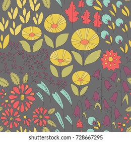Vector flower pattern. Colorful seamless botanic texture, detailed flowers illustrations. Doodle style, spring floral background