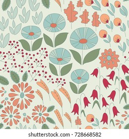 Vector flower pattern. Colorful seamless botanic texture, detailed flowers illustrations. Doodle style, spring floral background