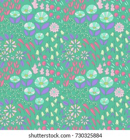 Vector flower pattern. Colorful seamless botanic texture, detailed flowers illustrations. Doodle style, spring floral background
