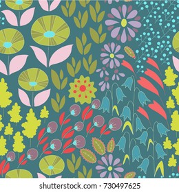 Vector flower pattern. Colorful seamless botanic texture, detailed flowers illustrations. Doodle style, spring floral background