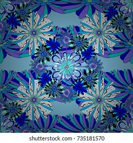 Vector flower pattern. Colorful seamless botanic pattern, detailed flowers illustrations in violet, blue and black colors. Doodle style, spring floral background.