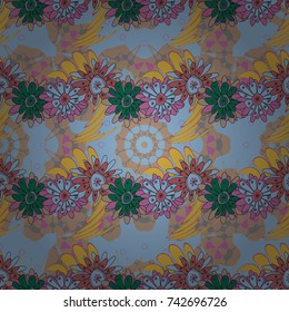 Vector flower pattern. Colorful seamless botanic pattern, detailed flowers illustrations in blue, pink and beige colors. Doodle style, spring floral background.