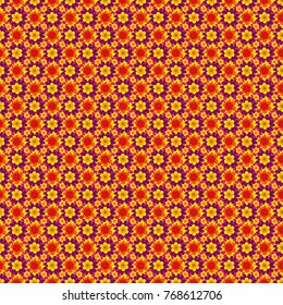 Vector flower pattern. Colorful seamless botanic pattern, detailed flowers illustrations in orange, yellow and purple colors. Doodle style, spring floral background.