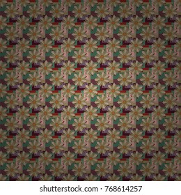 Vector flower pattern. Colorful seamless botanic pattern, detailed flowers illustrations in green, brown and beige colors. Doodle style, spring floral background.