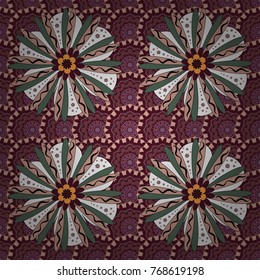 Vector flower pattern. Colorful seamless botanic pattern, detailed flowers illustrations in purple, neutral and green colors. Doodle style, spring floral background.