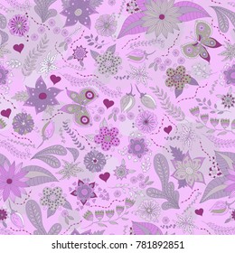 Vector flower pattern. Colorful seamless botanic texture, detailed flowers illustrations. Doodle style, spring floral background.