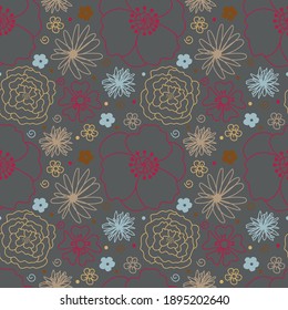 Vector flower pattern in doodle style with flowers and leaves. 

Floral background.