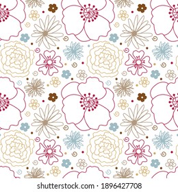 Vector flower pattern in doodle style with flowers and leaves. 

Delicate, floral background.