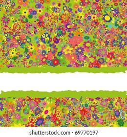 Vector flower pattern for greeting card with white stripe for text