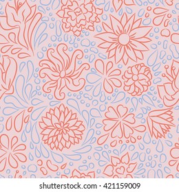 Vector flower pattern. Hand drawn doodle plant seamless background. Linear pastel figure. Design for children clothes, gifts. Vector illustration.