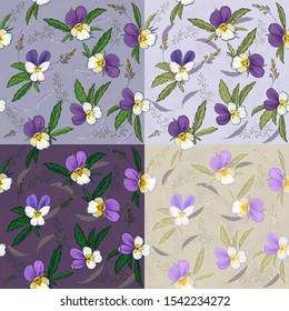 Vector flower pattern with pansies on four backgrounds. Realistic Botanical pattern.