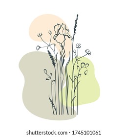 Vector flower pattern in pastel colors. Summer wildflowers. Outline of colors on a white background in combination with color spots and streaks.